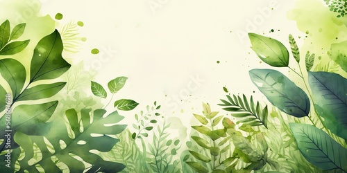 Green leaf empty banner template, green natural watercolor painting banner template perfect for packaging background, standing banner, banner, and any other generative ai