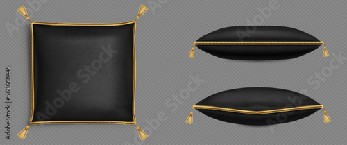 Red velvet pillows decorated with gold cord or rope and tassels, 3D realistic vector illustrations. Soft silk cushion, royal design, top side view isolated on transparent background