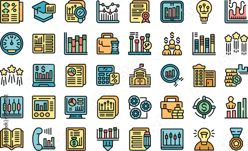 Trade school icons set outline vector. Money academy. Bank education color line on white isolated