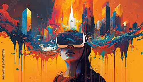 Virtual Reality illustration girl with a VR headset, warm painted colors technology big city future infinite creative possibility