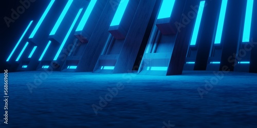 Fototapeta Naklejka Na Ścianę i Meble -  3d rendering of blue neon glowing spaceship corridor  background dark. Cyberpunk concept. Scene for advertising, showroom, technology, game, sport, metaverse. Sci-Fi Illustration. Product display