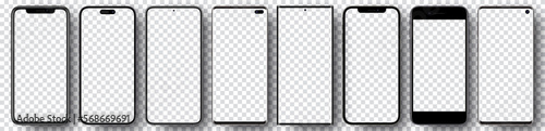 Smartphone mockup collection. Mockup realistic models smartphone with shadow and blank screens for your design. Isolated on transparent background. Vector illustration 2023