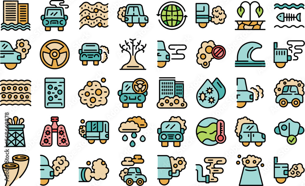 Traffic fumes icons set outline vector. Climate gas. Car co2 color line on white isolated