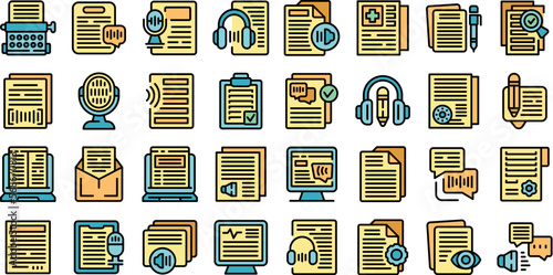 Transcription icons set outline vector. Court career. Audio voice color line on white isolated
