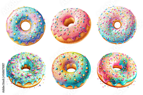 Set of colorful tasty donuts with sprinkles in watercolor style. Hand-drawn donuts isolated on white background. Vector illustration