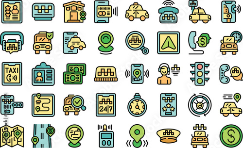 Taxi call icons set outline vector. App online. Traffic online color line on white isolated