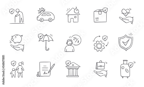 Insurance doodle icon set. Hand drawn sketch life shield, insurance umbrella, medical safety icon set. Health safety, car accident, house protect vector illustration.