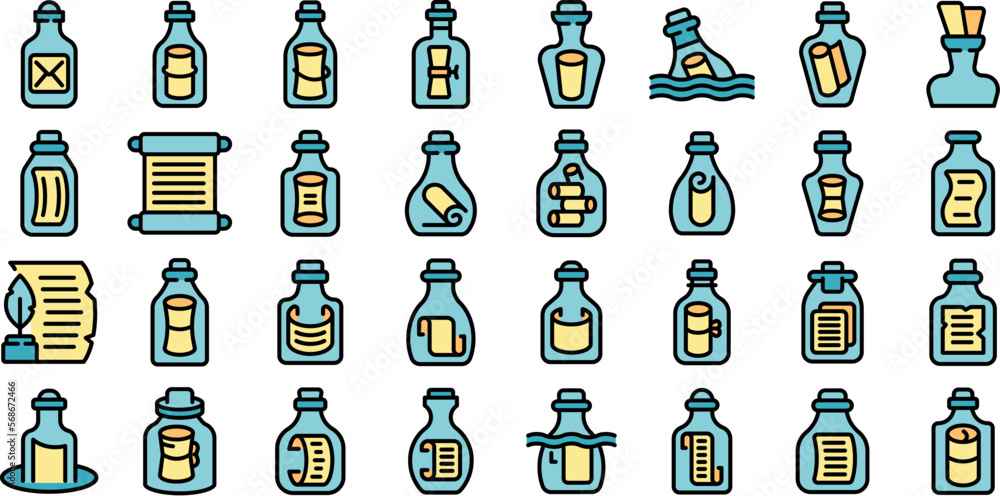 Message in the bottle icons set outline vector. Paper cork. Glass empty color line on white isolated Message in the bottle icons set outline vector. Paper cork. Glass empty color line on white isolated