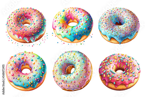 Set of colorful tasty donuts with sprinkles in watercolor style. Hand-drawn donuts isolated on white background. Vector illustration