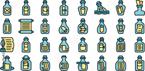 Message in the bottle icons set outline vector. Paper cork. Glass empty color line on white isolated