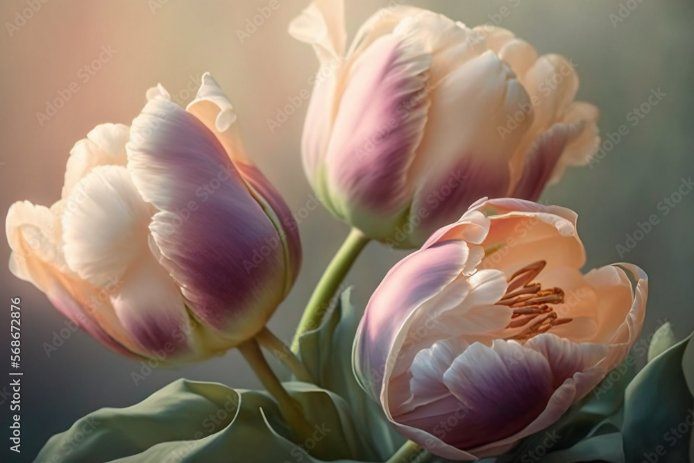 Delicate spring tulips. Luxurious pastel flowers.