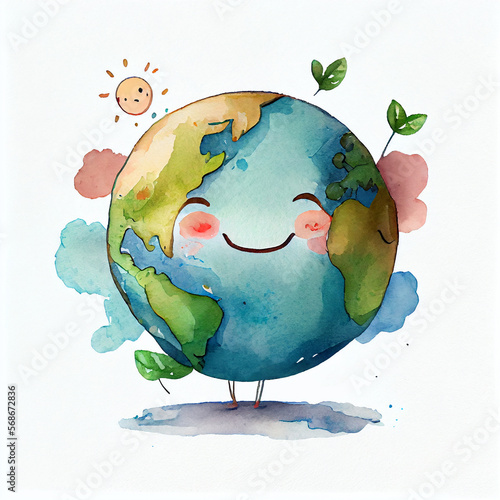 Watercolor illustration of a happy earth. Generative ai