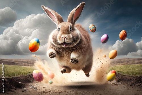 Running happy Easter bunny with eggs flying everywhere. Easter bunny with easter eggs, Easter day concept generative AI photo