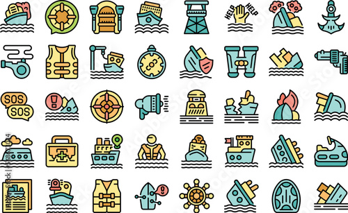 Shipwreck icons set outline vector. Island desert. Sea boat color line on white isolated