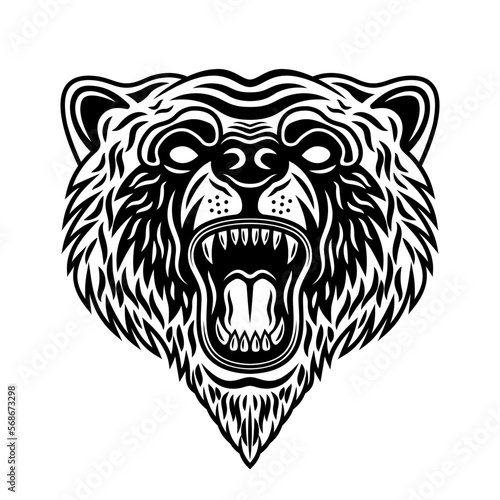 Bear snout with open roaring mouth vector illustration in vintage black and white style isolated