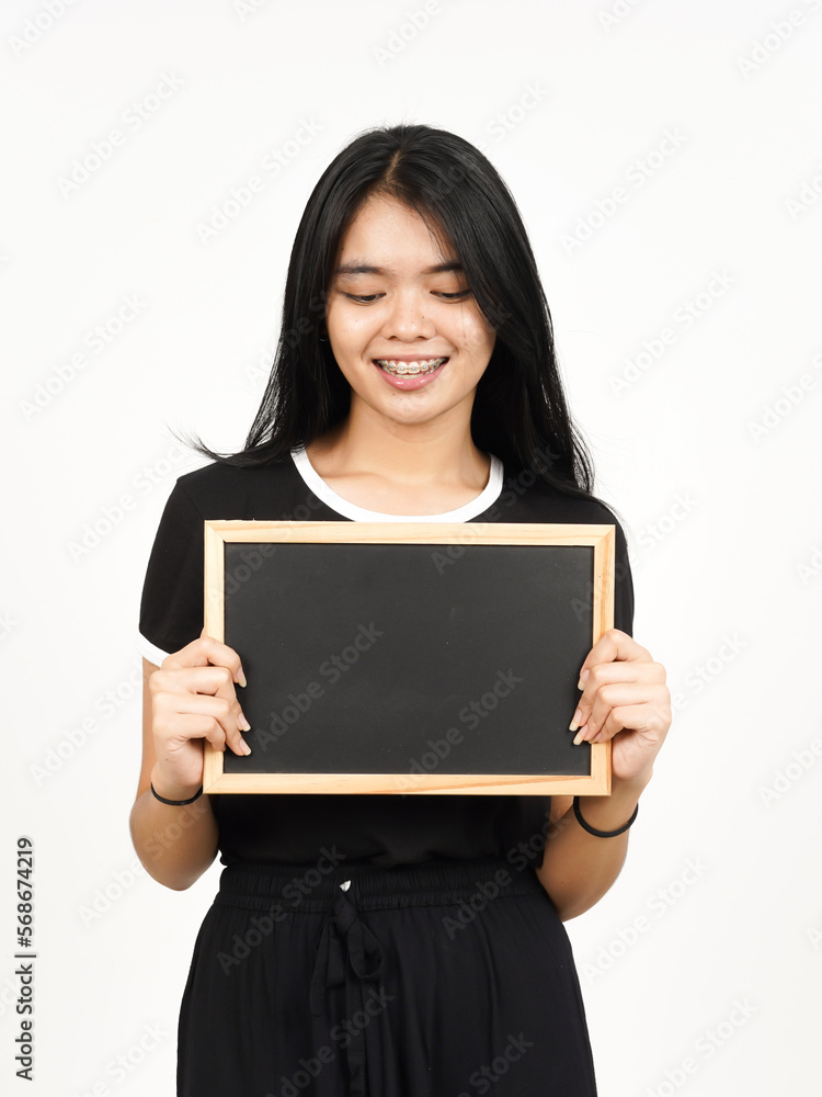 Showing, Presenting and holding Blank Blackboard Of Beautiful Asian Woman Isolated On White Background Showing, Presenting and holding Blank Blackboard Of Beautiful Asian Woman Isolated On White Background