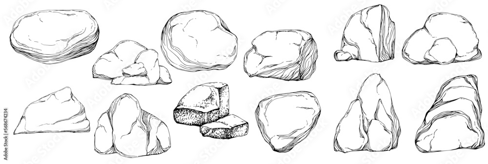 Stone Monochrome sketch vector. Gravel And Pebble. Natural Rocky Slate Lump Engraving Template Hand Drawn In Retro Style Black And White Illustration