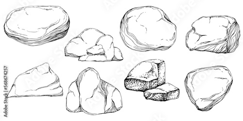 Stone Monochrome sketch vector. Gravel And Pebble. Natural Rocky Slate Lump Engraving Template Hand Drawn In Retro Style Black And White Illustration