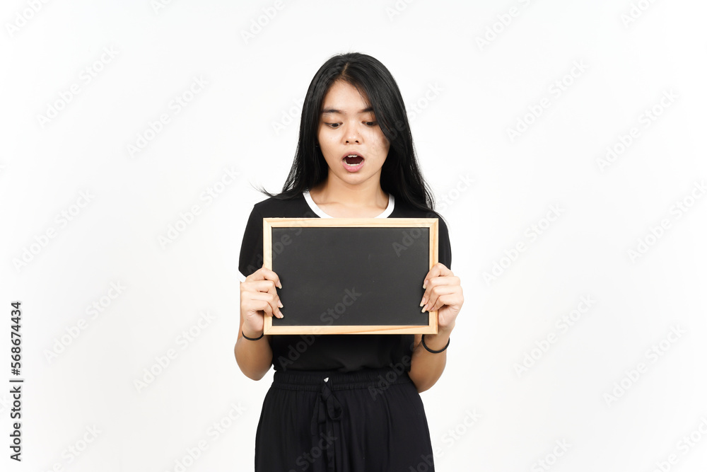 Showing, Presenting and holding Blank Blackboard with Shocked Face Of Beautiful Asian Woman Showing, Presenting and holding Blank Blackboard with Shocked Face Of Beautiful Asian Woman