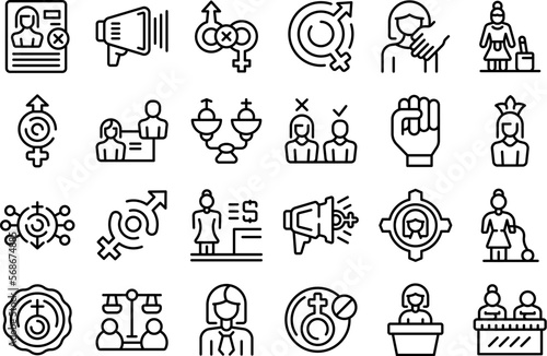 Gender discrimination icons set outline vector. Work violence. Abuse balance