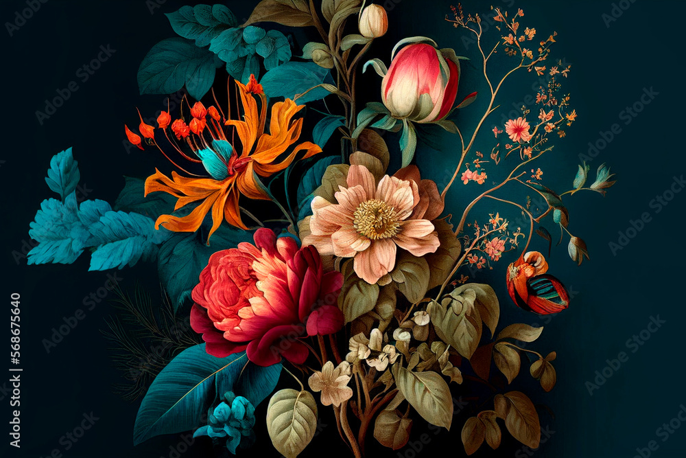 colorful flowers on black background Generated AI