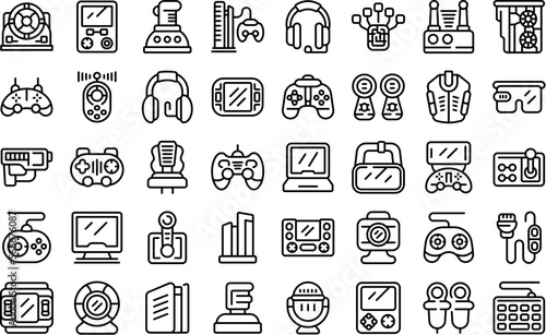 Game accessories icons set outline vector. Videogame controller. Gamer computer