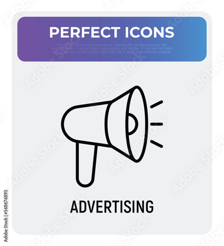 Advertising thin line icon. Megaphone, annoucement, marketing. Vector illustration.