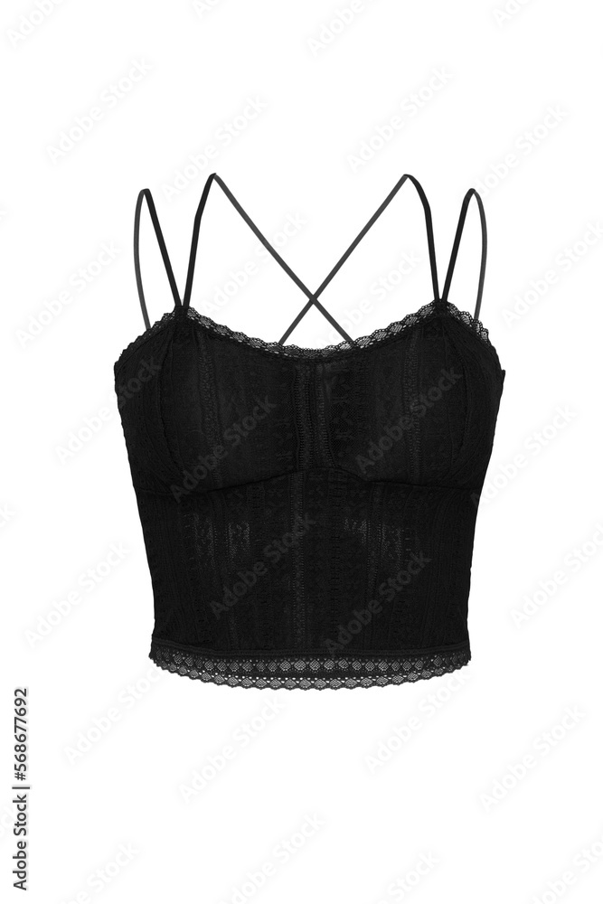 Close-up shot of a black openwork bustier top with structured cups and  shoulder straps. The black lace bustier crop top is isolated on a white  background. Front view. Stock Photo