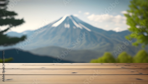 view of a table top in blur background with empty copy space, the background is bokeh a beautiful Japan  landscape, made with generative AI