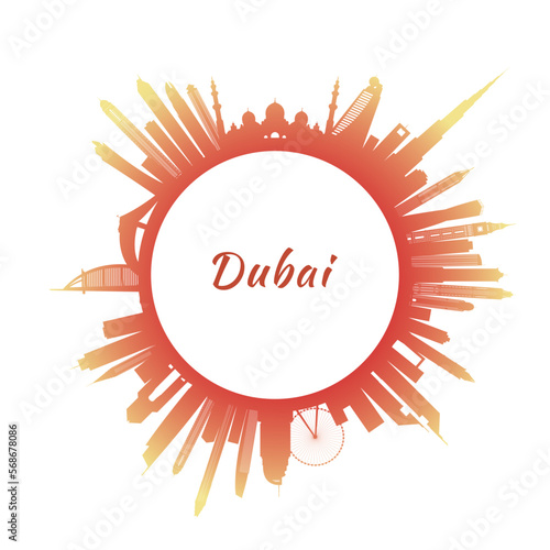 Dubai skyline with colorful buildings. Circular style. Stock vector illustration.