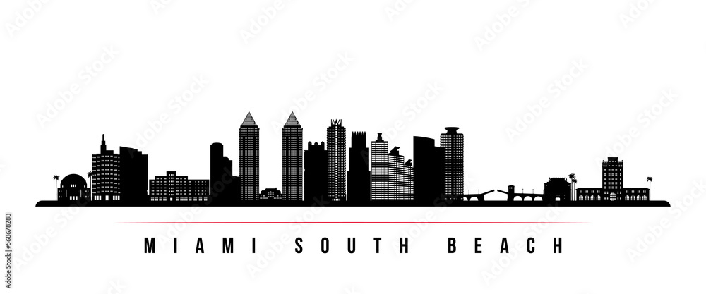 Miami South Beach skyline horizontal banner. Black and white silhouette of Miami South Beach, Florida. Vector template for your design.
