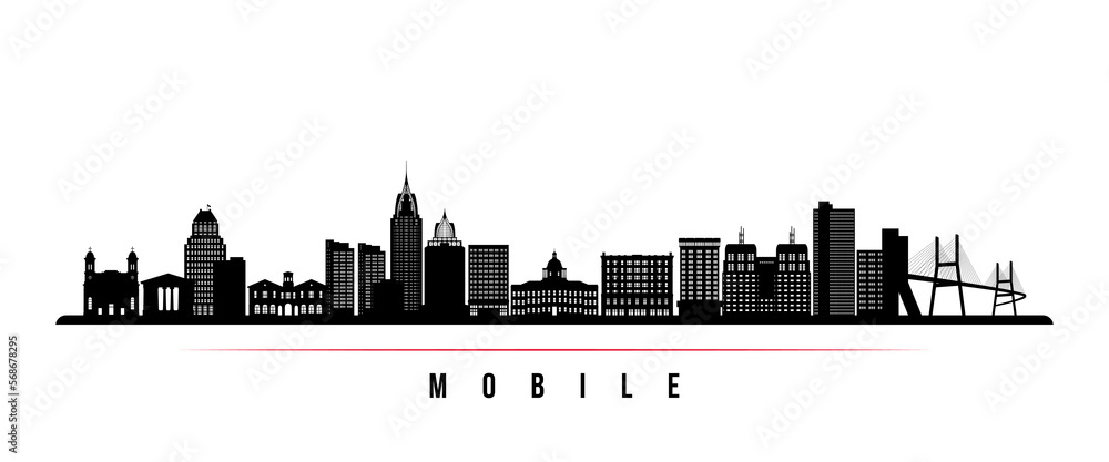 Naklejka premium Mobile skyline horizontal banner. Black and white silhouette of Mobile, Alabama. Vector template for your design.