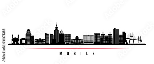 Mobile skyline horizontal banner. Black and white silhouette of Mobile, Alabama. Vector template for your design.