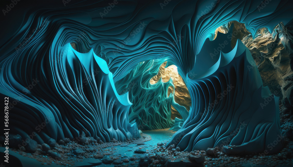 3D Rendered Cave with Blue and Turquoise Undulating Forms 3D Rendered Cave with Blue and Turquoise Undulating Forms