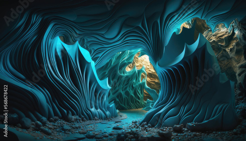 3D Rendered Cave with Blue and Turquoise Undulating Forms © Interactify