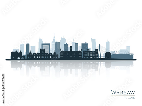 Warsaw skyline silhouette with reflection. Landscape Warsaw, Poland. Vector illustration.