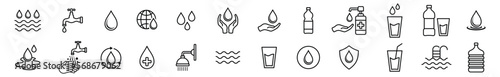 Water line icons vector. Water with editable stroke. Water icon collection. Water drops, faucet, rain drops, globe, save, bottle, glass, puddle, cycle, washing hands, shower, wave, and other. 