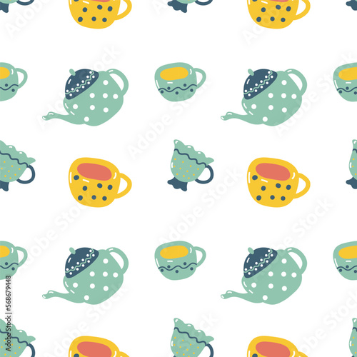 Vector seamless pattern with cups and teapot
