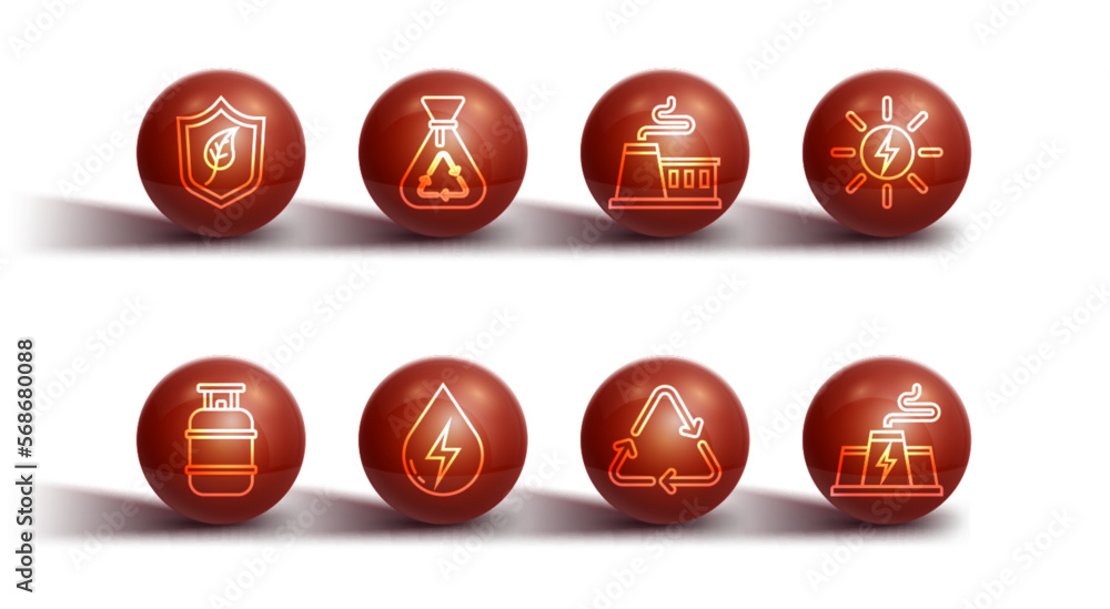 Set line Shield with leaf, Propane gas tank, Solar energy panel, Recycle symbol, Water, Garbage bag recycle, Power station plant factory and Factory icon. Vector Set line Shield with leaf, Propane gas tank, Solar energy panel, Recycle symbol, Water, Garbage bag recycle, Power station plant factory and Factory icon. Vector