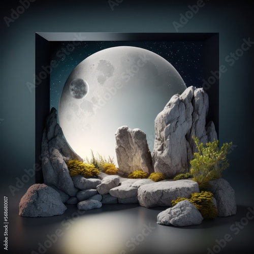 Peaceful moonlit rock garden, minimalist mockup for podium display or showcase A Fototapet