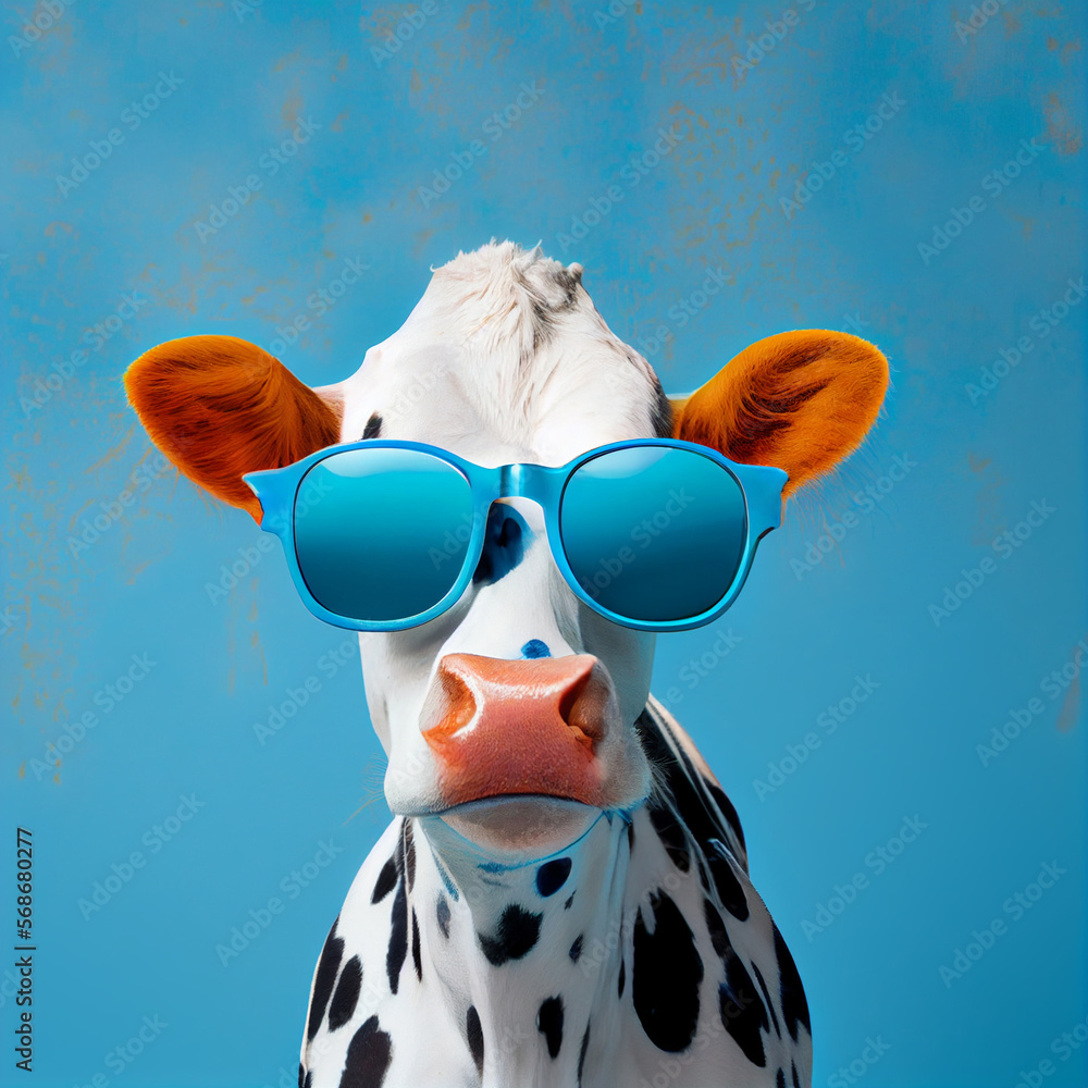 cow in sunglasses on a blue background