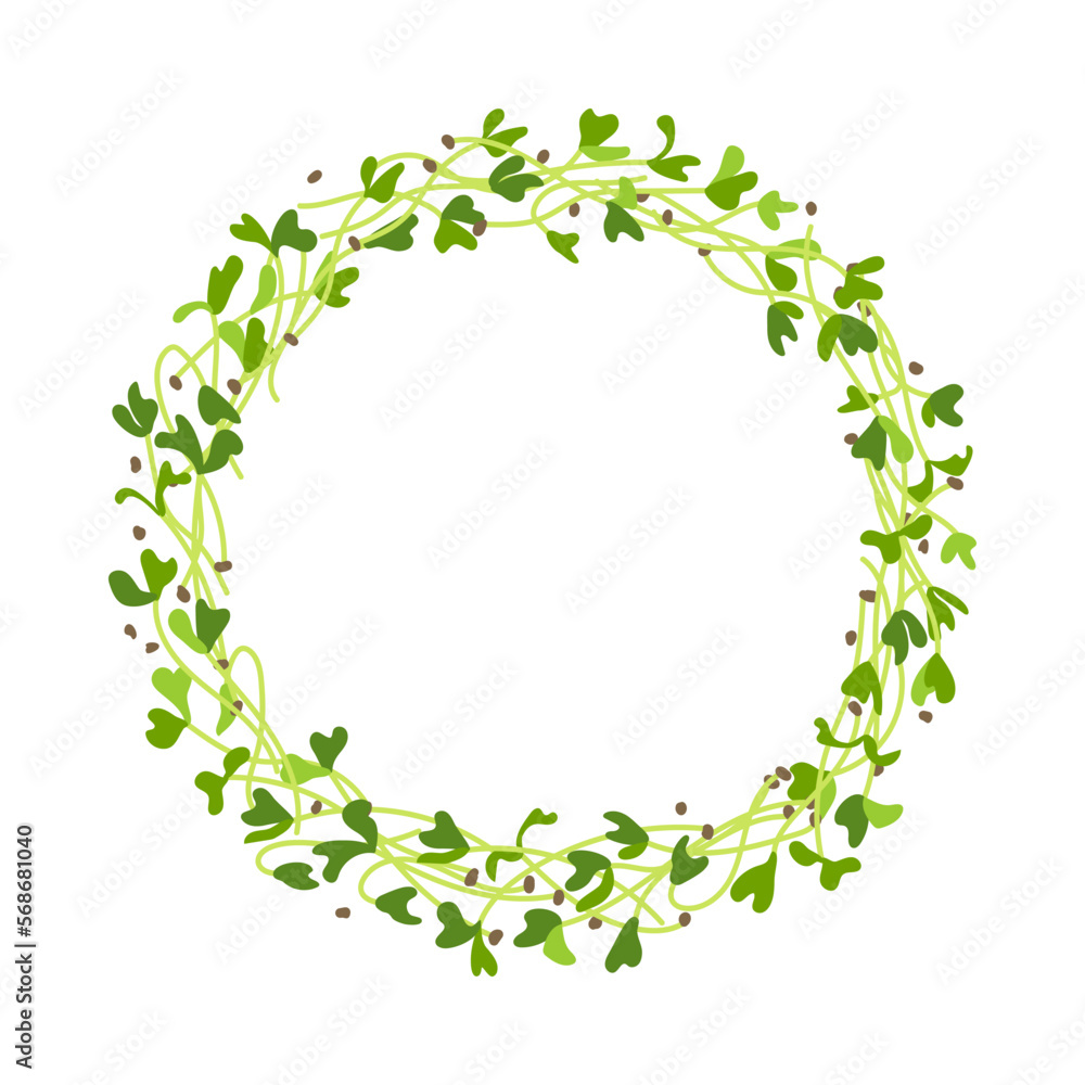 Circle wreath with young leaves seedlings. Microgreens, raw sprouts, healthy eating vector illustration. Circle wreath with young leaves seedlings. Microgreens, raw sprouts, healthy eating vector illustration.