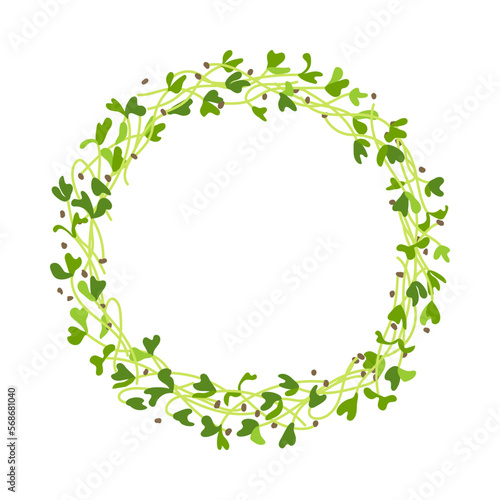 Circle wreath with young leaves seedlings. Microgreens, raw sprouts, healthy eating vector illustration.