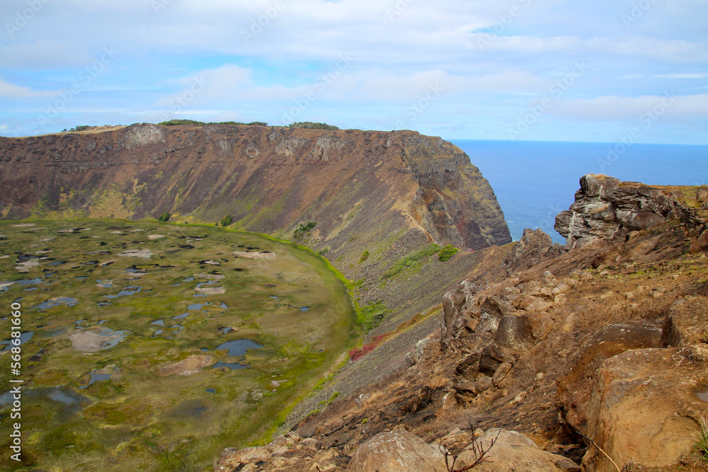 Caldera of the volcano Rano Kau Easter Island, Rapa Nui, Chile, South America  