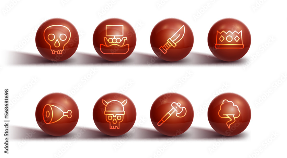 Set line Skull, Chicken leg, King crown, Wooden axe, with viking helmet, Viking ship Drakkar, Cloud and lightning and Dagger icon. Vector Set line Skull, Chicken leg, King crown, Wooden axe, with viking helmet, Viking ship Drakkar, Cloud and lightning and Dagger icon. Vector