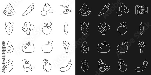 Set line Eggplant, Leek, Cucumber, Cherry, Broccoli, Strawberry, Watermelon and Peach fruit or nectarine icon. Vector