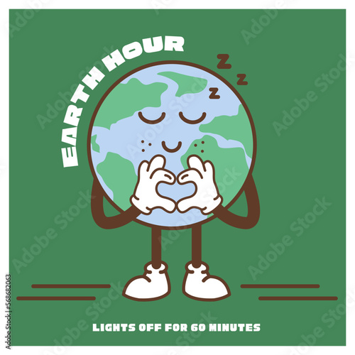Earth Hour Card. Vintage nostalgia cartoon earth planet mascot character with heart hand gesture. Environment protection green life concept illustration. Retro flat vector design.