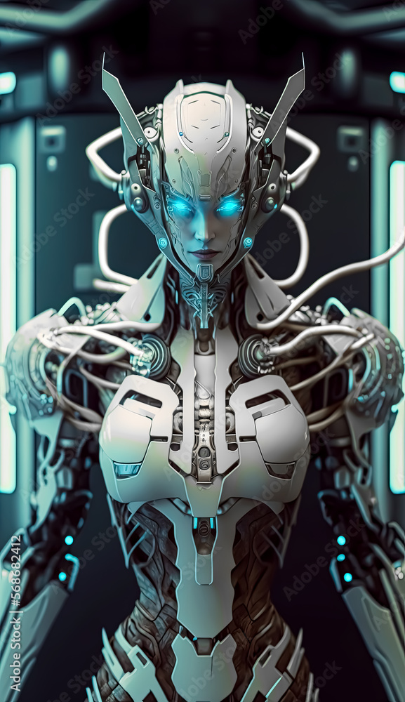 A Wide-Angle Picture of a Full-Body Robotic Women, showcasing its intricate design and cutting-edge technology This image is perfect for websites and advertisements that feature high-tech products