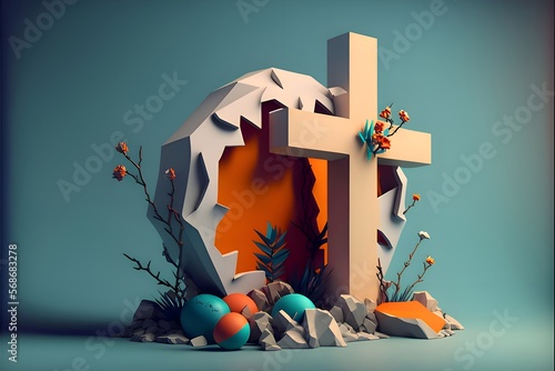 a cross in the middle of a pile of rocks, trending on behance, letterism, with an easter basket, eggshell color, creating the false christian god, created by generative ai photo