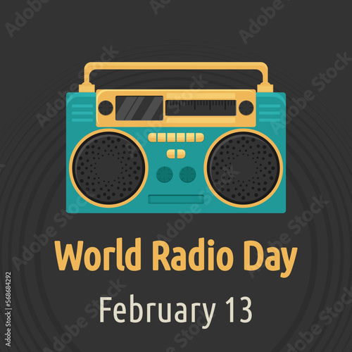 World Radio Day. Postcard for celebration. Template for background, banner, postcard, poster with text caption. Vector illustration. Retro vintage illustration